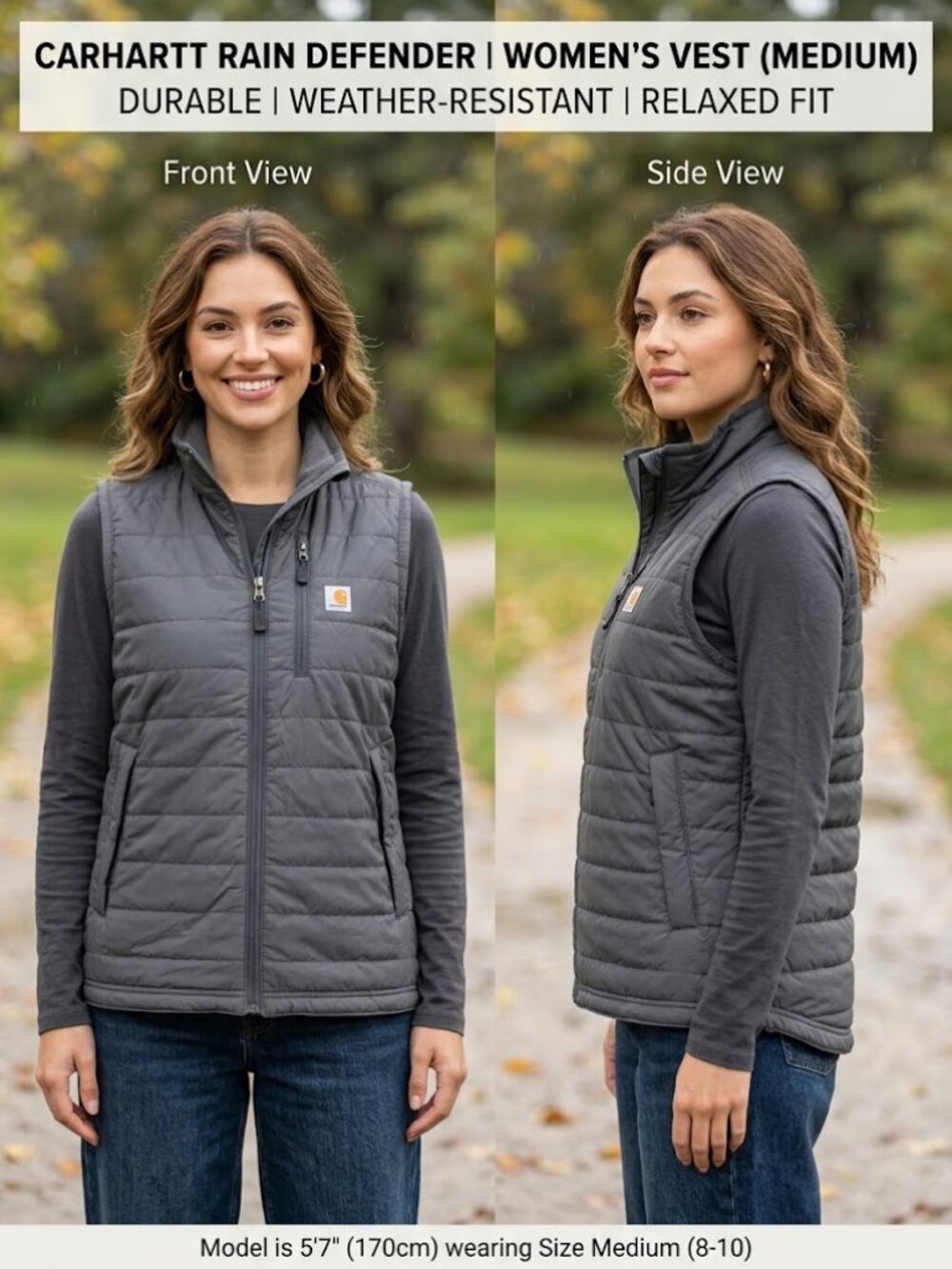 Carhartt Rain Defender Grey Relaxed Fit Full Zip Women's Puffer Vest Size Medium
